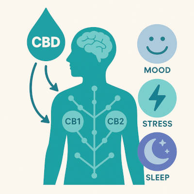 Simple illustration showing the best CBD gummies interacting with the endocannabinoid system, with icons for mood, stress, and sleep.