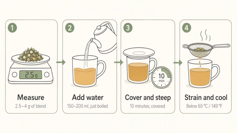 Four-step diagram for brewing nervine tea: measure the blend, add just-boiled water, cover and steep ten minutes, strain and let it cool.