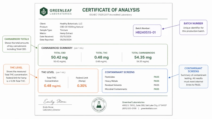 Sample CBD lab report with callouts on cannabinoid totals, THC level, contaminant screens, and batch number.