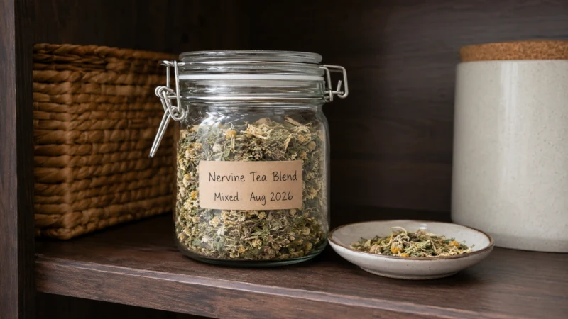 Airtight glass jar of dried nervine tea herbs stored in a cool dark cupboard with a blend-date label.