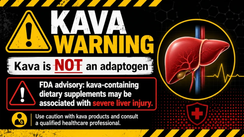 Warning graphic noting kava is not an adaptogen and is linked to severe liver injury per FDA advisory.