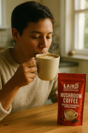 Man sipping a hot cup of Laird Superfood mushroom coffee.