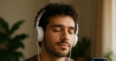 Man listening to one of the best meditation apps with headphones.