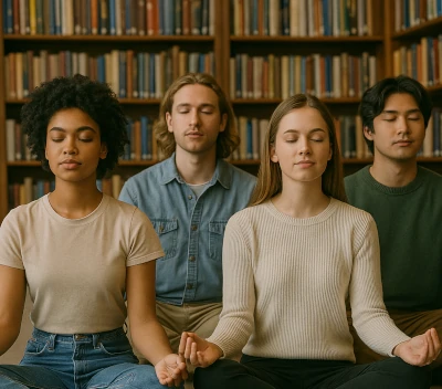 Group of young adults meditating in a library.