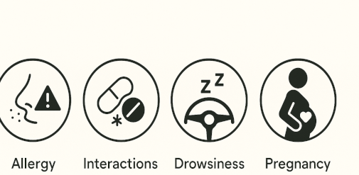 Icon row representing allergy caution, medication interactions, drowsiness while driving, and pregnancy considerations.