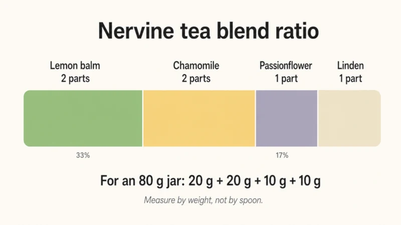 Proportion diagram showing a nervine tea blend of two parts lemon balm, two parts chamomile, one part passionflower, and one part linden.