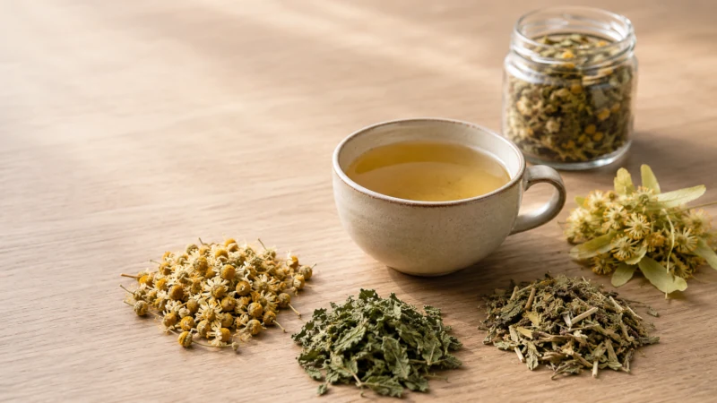 Nervine tea blend with chamomile, lemon balm, passionflower and linden beside a cup of herbal tea.