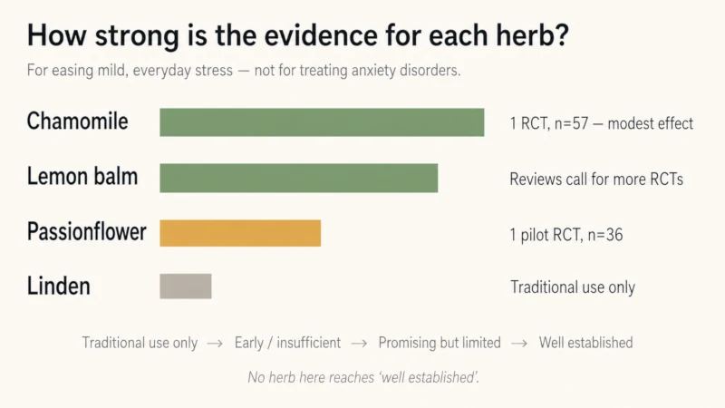 Bar chart comparing evidence strength for chamomile, lemon balm, passionflower, and linden in easing mild stress.