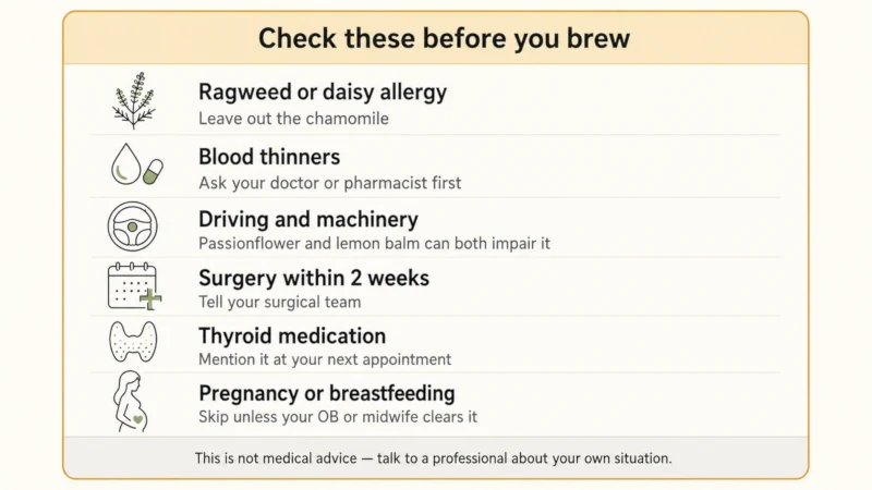 Checklist of nervine tea cautions covering ragweed allergy, blood thinners, sedation and driving, upcoming surgery, thyroid medication, and pregnancy or breastfeeding.