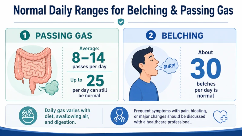 Infographic showing normal daily ranges for belching and passing gas.