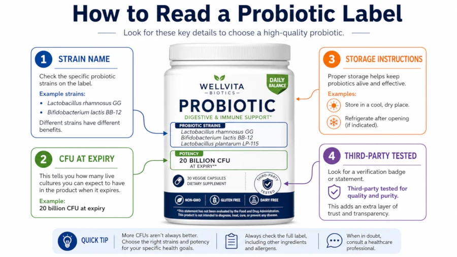 Annotated probiotic label highlighting strain name, CFU at expiry, storage, and third-party testing.