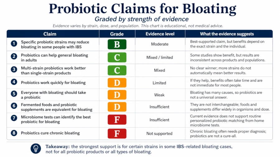 Chart grading best probiotics for bloating and gas claims strength of evidence.