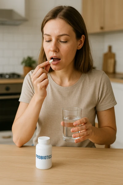 Woman taking thee best probiotics for bloating and gas.