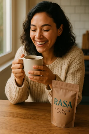 Woman enjoying a hot cup of Rasa mushroom coffee.