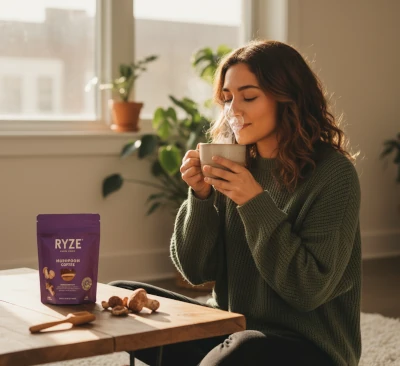 Woman drinking a cup of Ryze coffee