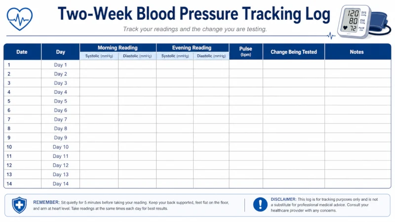 Two-week nitric oxide and blood pressure tracking log template with columns for readings and the change being tested.