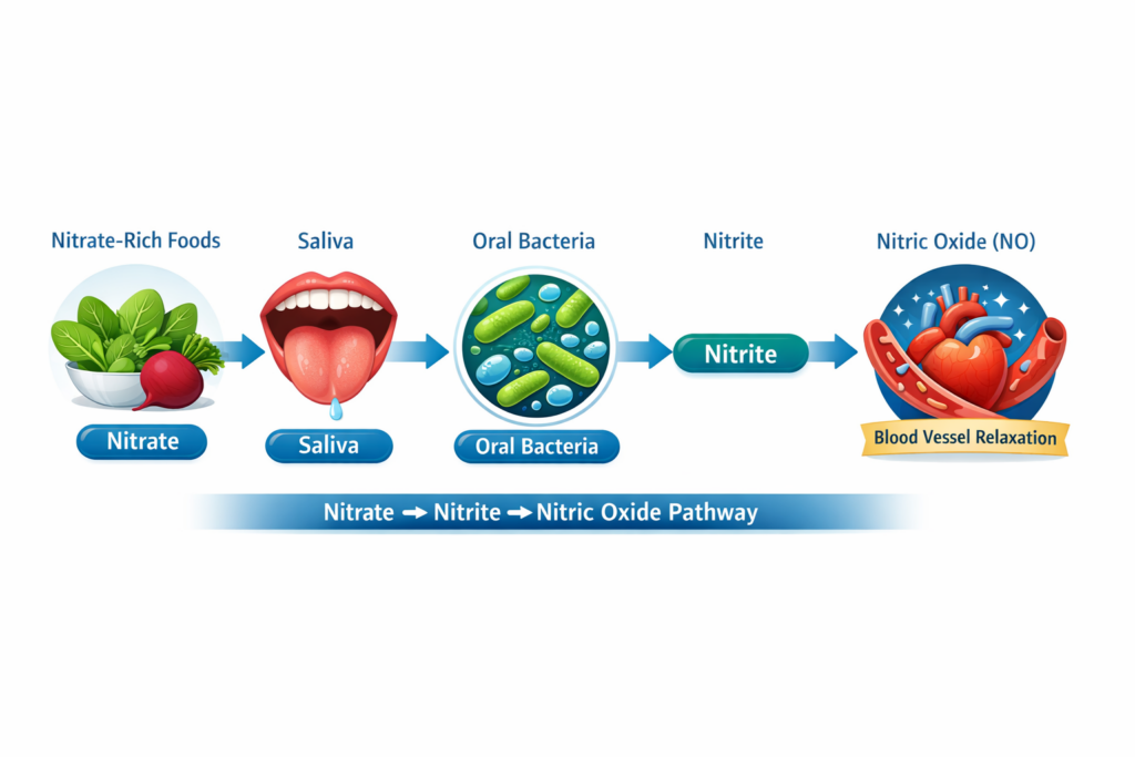 Diagram showing nitrate converting to nitrite in the mouth and supporting nitric oxide (NO).