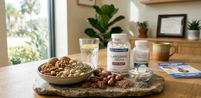 various nuts, seeds, and Arginine supplements in a bright, modern setting, illustrating dietary and supplemental support for blood pressure.