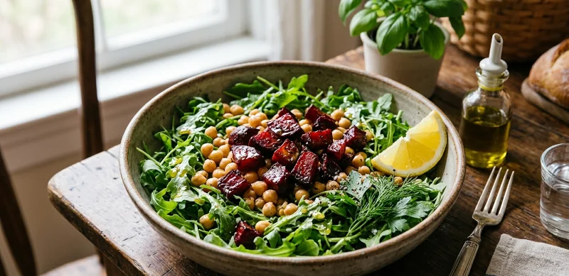 Bowl of arugula salad topped with chickpeas, roasted beets, lemon wedge, and olive oil dressing.