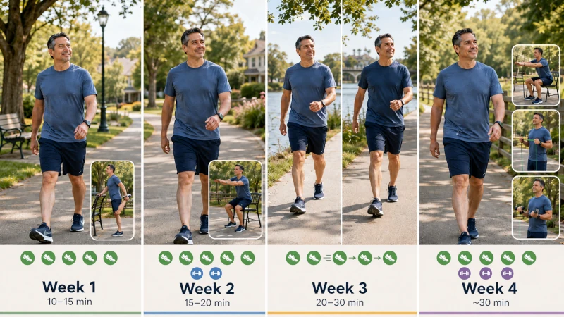 Four-week beginner routine progressing from short walks to 30-minute walks with twice-weekly strength training.