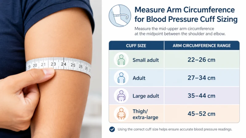 Tape measure around an upper arm next to a chart of cuff size ranges.