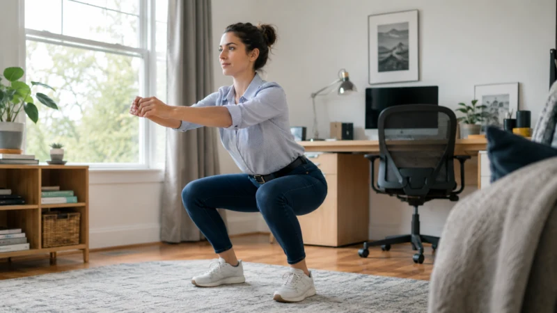Office worker doing body weight squats during a short movement break