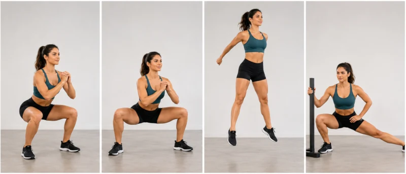 Body weight squat variations including standard, sumo, jump, and Cossack squats