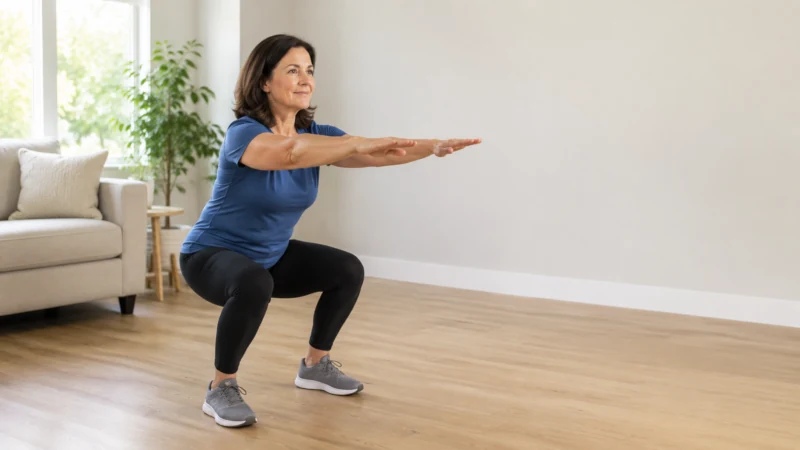 Woman performing a body weight squat with proper form at home