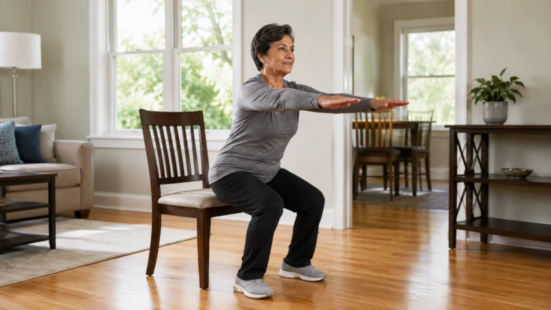 Older adult practicing a controlled chair squat for functional mobility