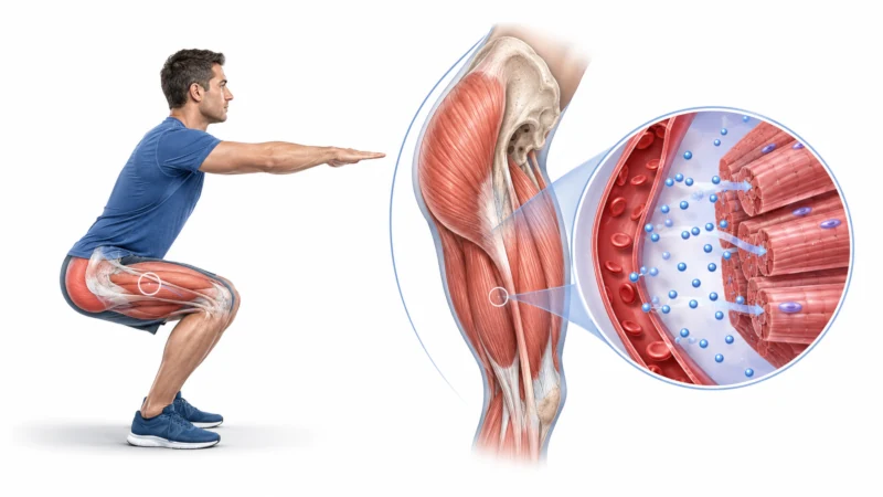 Illustration of working leg muscles taking up glucose during body weight squats