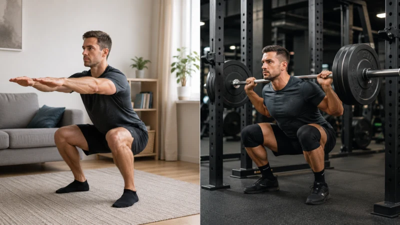 Comparison of a body weight squat at home and a weighted barbell squat in a gym