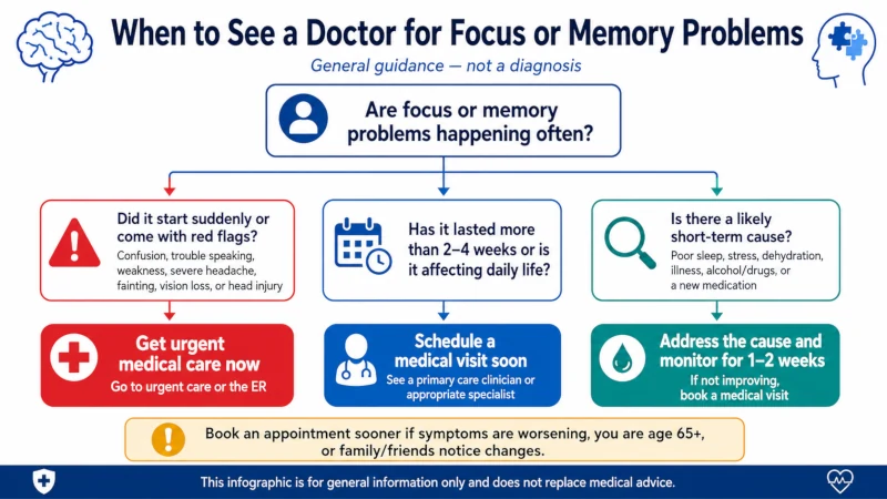 Decision tree for when persistent focus or memory problems should prompt a medical visit.