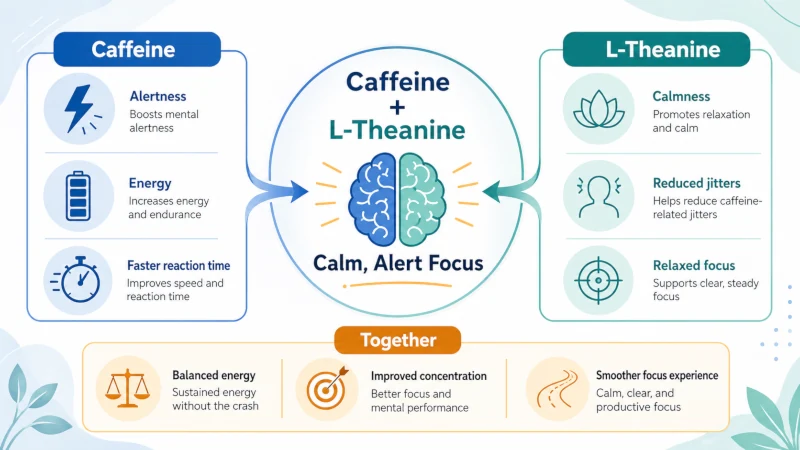 Diagram of a caffeine and L-theanine combination for calm, alert focus.