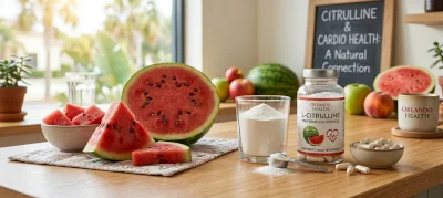 watermelon slices next to a container of Citrulline powder and capsules, emphasizing the link between fruit and cardiovascular supplements..