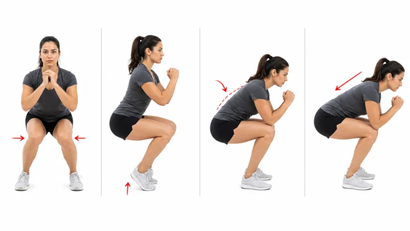 Common body weight squat mistakes including inward knees, raised heels, and rounded back