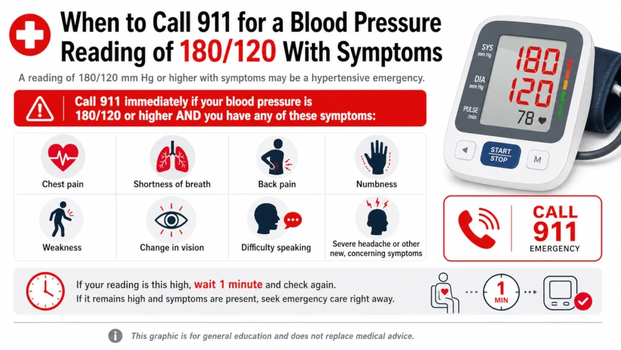 When to call 911 for a blood pressure reading of 180 over 120 with symptoms.