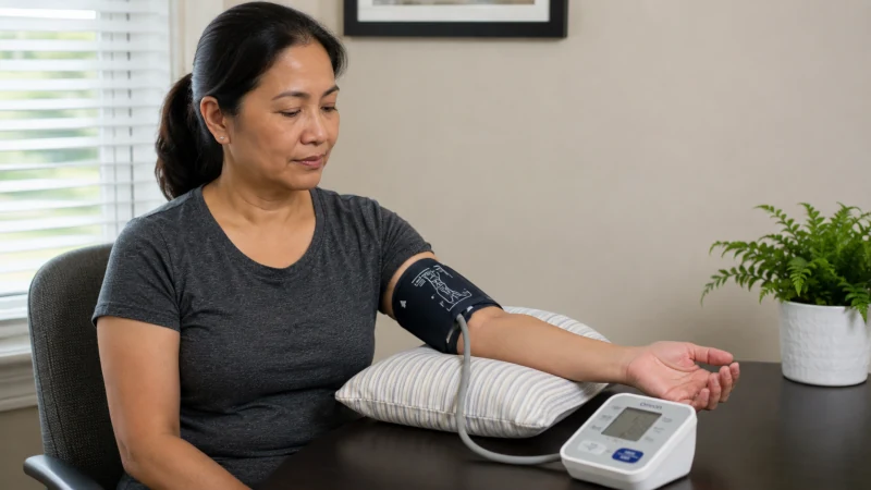 Seated person measuring blood pressure with an upper-arm cuff, arm supported at heart level.