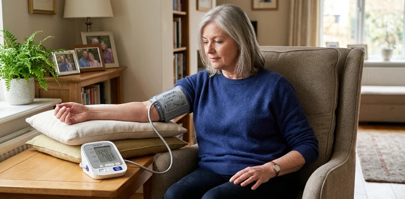 Person seated with back supported and arm at heart level using an upper-arm automatic blood pressure monitor.