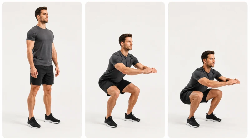 Three stages of proper body weight squat form from standing to full depth