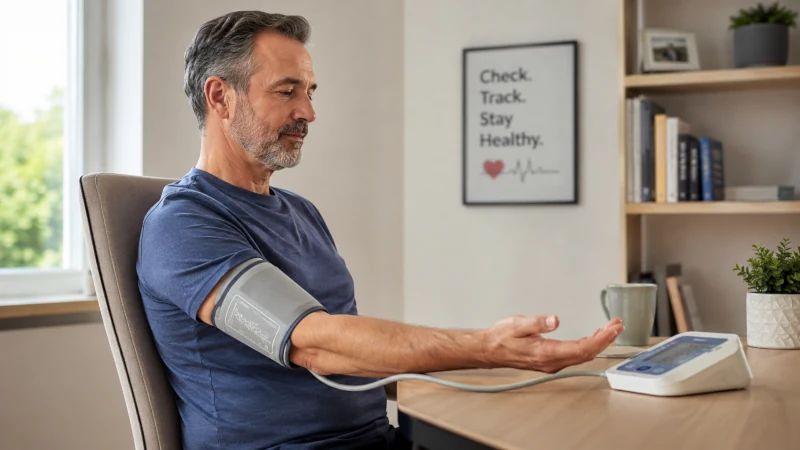 Person seated with back supported and arm at heart level using an upper-arm blood pressure cuff.