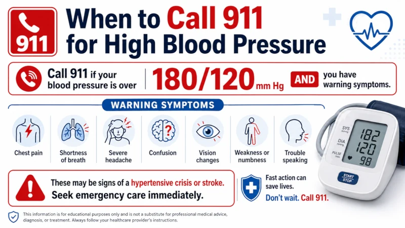 When to call 911 for high blood pressure: readings over 180/120 mm Hg with warning symptoms.