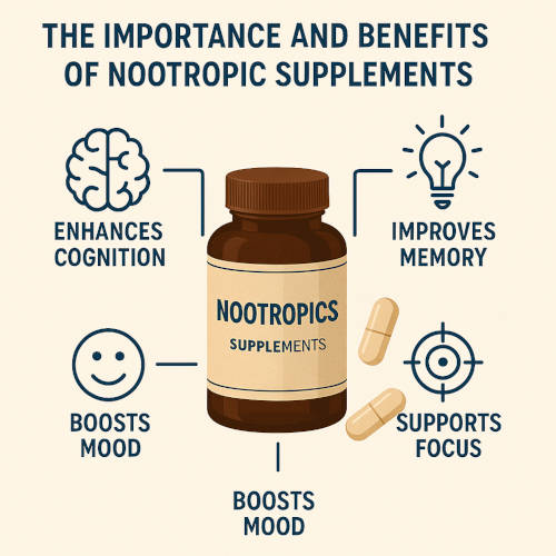 Infographic showing the importance and benefits of nootropic supplements for cognition, memory, focus and mood.