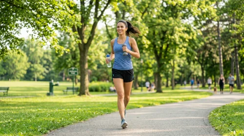 Woman jogging with a dumbbell in one hand and a plastic water bottle in the other hand attempting to promote nitric oxide for blood pressure.