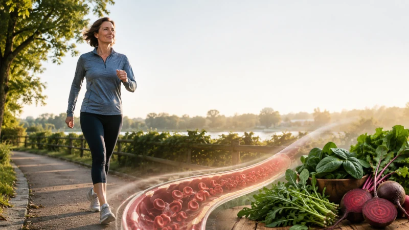 Healthy lifestyle habits that support nitric oxide including walking, leafy vegetables, daylight, sleep, and vascular health.