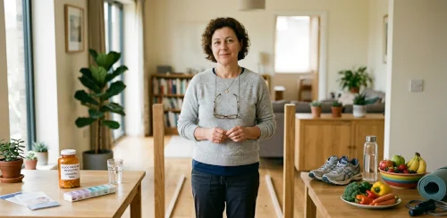 woman having to decide between blood pressure medication and a healthy diet.