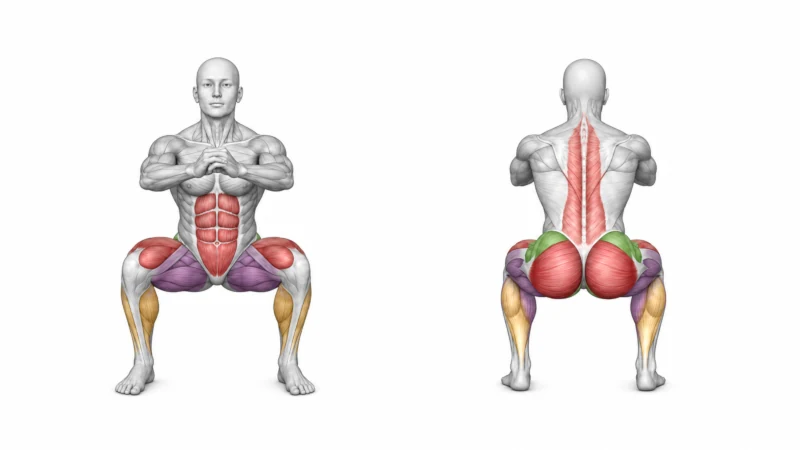 Muscles worked during body weight squats including quadriceps, glutes, hamstrings, calves, and core