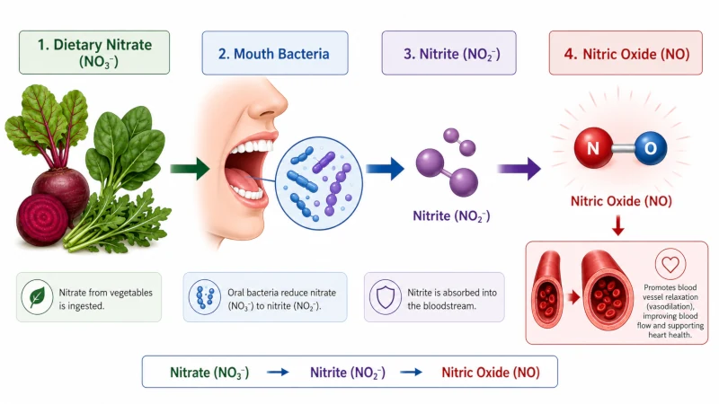 Diagram showing mouthwash, oral bacteria, and nitric oxide blood pressure link.
