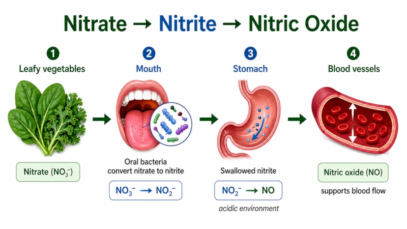 Diagram of the nitrate to nitrite to nitric oxide pathway from leafy vegetables through oral bacteria.