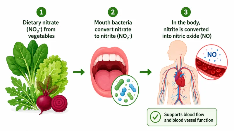 Simple diagram showing dietary nitrate from vegetables converted by mouth bacteria into nitrite and then into nitric oxide in the body.