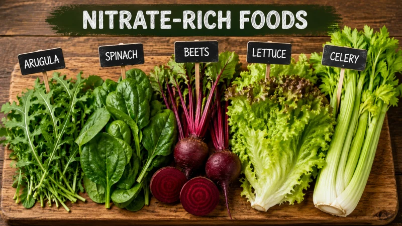 Arugula, spinach, beets, lettuce, and celery arranged on a board as nitrate-rich foods.